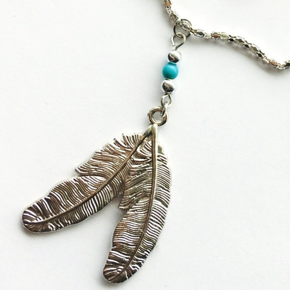 Boutique Jewelry - New Twin Feathers Charm Aqua Bead Chain Necklace